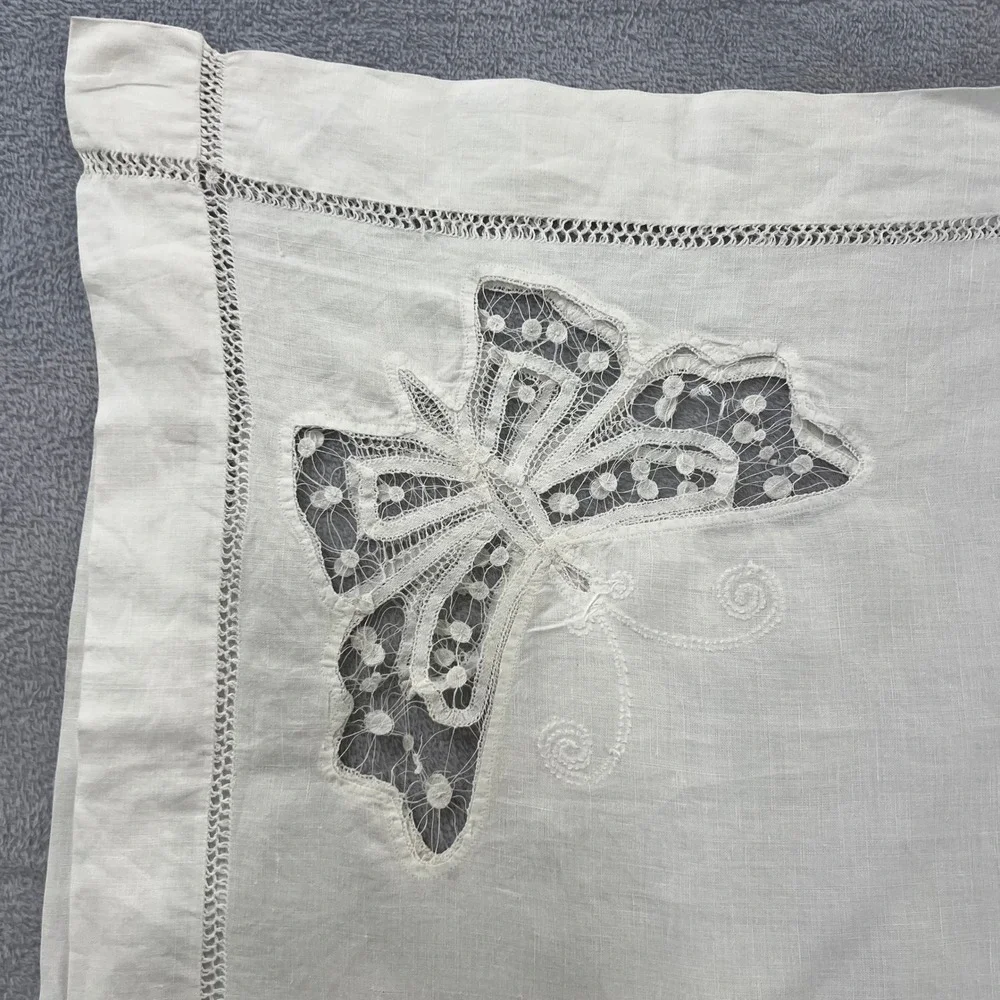 Vintage White Linen Lace Tablecloth Butterfly Embroidered Applique Square 40x40